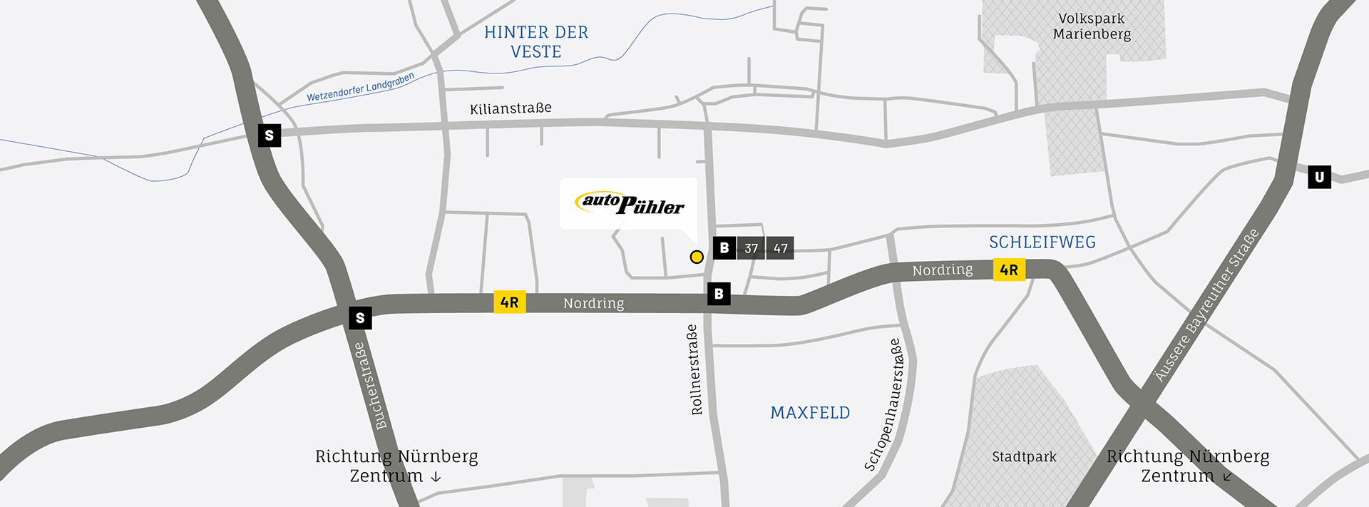 Anfahrtskarte, Adresse der Renault Auto Pühler GmbH Nürnberg